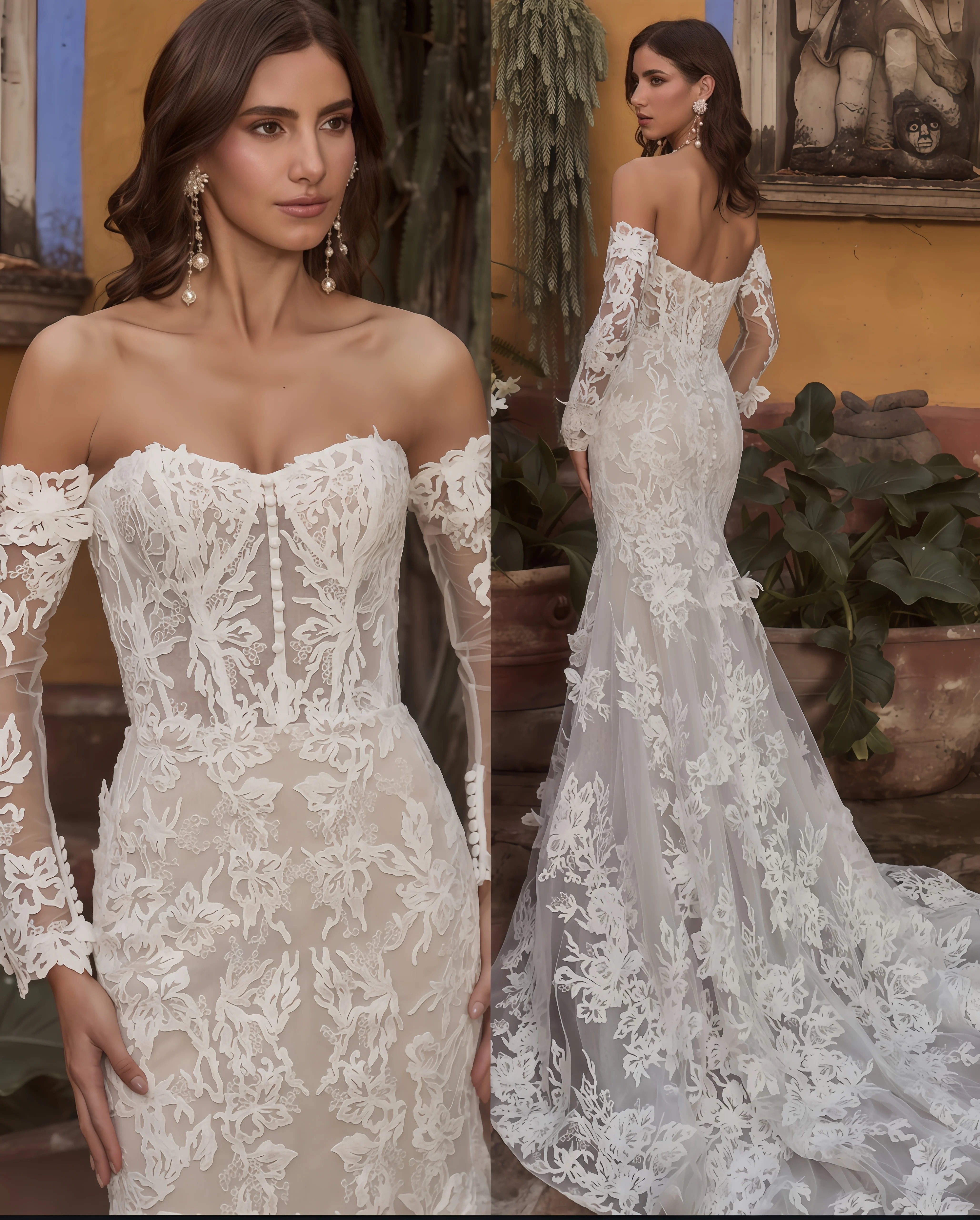

Customize New Wedding Dress Mermaid Lace For Bride Sweetheart Neckline With Sheer Sleeves Off The Shoulder Vestidos De Novias