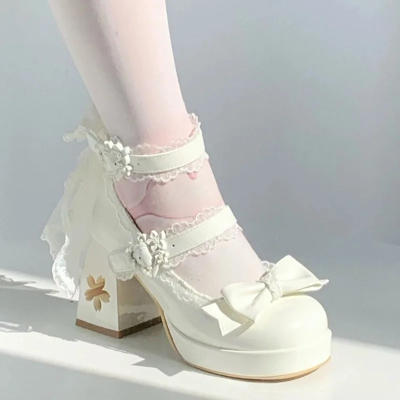 

Womens High Heel Pumps Lolita Butterfly Knot Platform Mary Janes Shoe Cute Sakura Wedding Dress Thick Sole Women Sandals Tacones