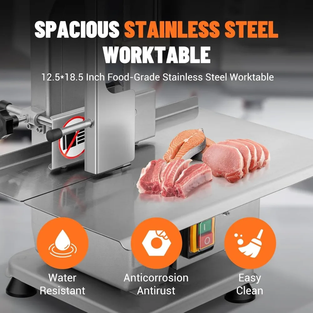 Serra elétrica de carne 750W, máquina de corte de osso, serra de fita de açougueiro 110V com 2 lâminas, capacidade de 0,39-4,3 pés cúbicos