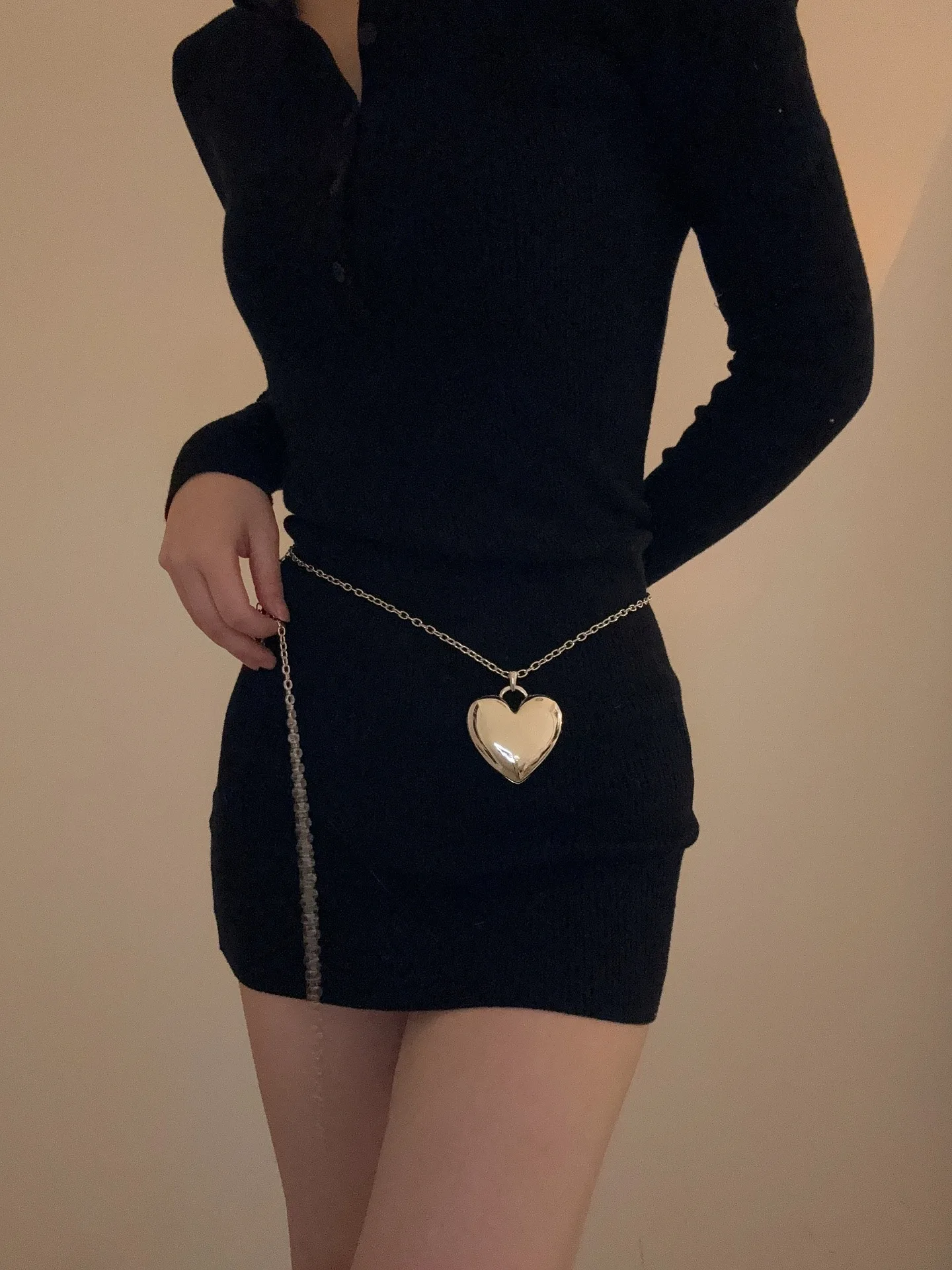 XIALUOKE Vintage Long Pearl Strap Beaded Heart Pendant Necklace Women Wedding Jewelry Embellished Suit Accessory Waist Chain