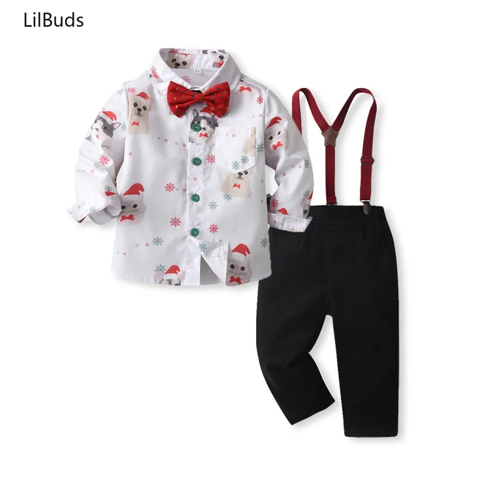 

2025 Boys Sets Party Birthday Newborns Baby Suit Children Long Sleeve T-Shirt Overalls Printing Top Pants 2PCS Gentleman Clothes