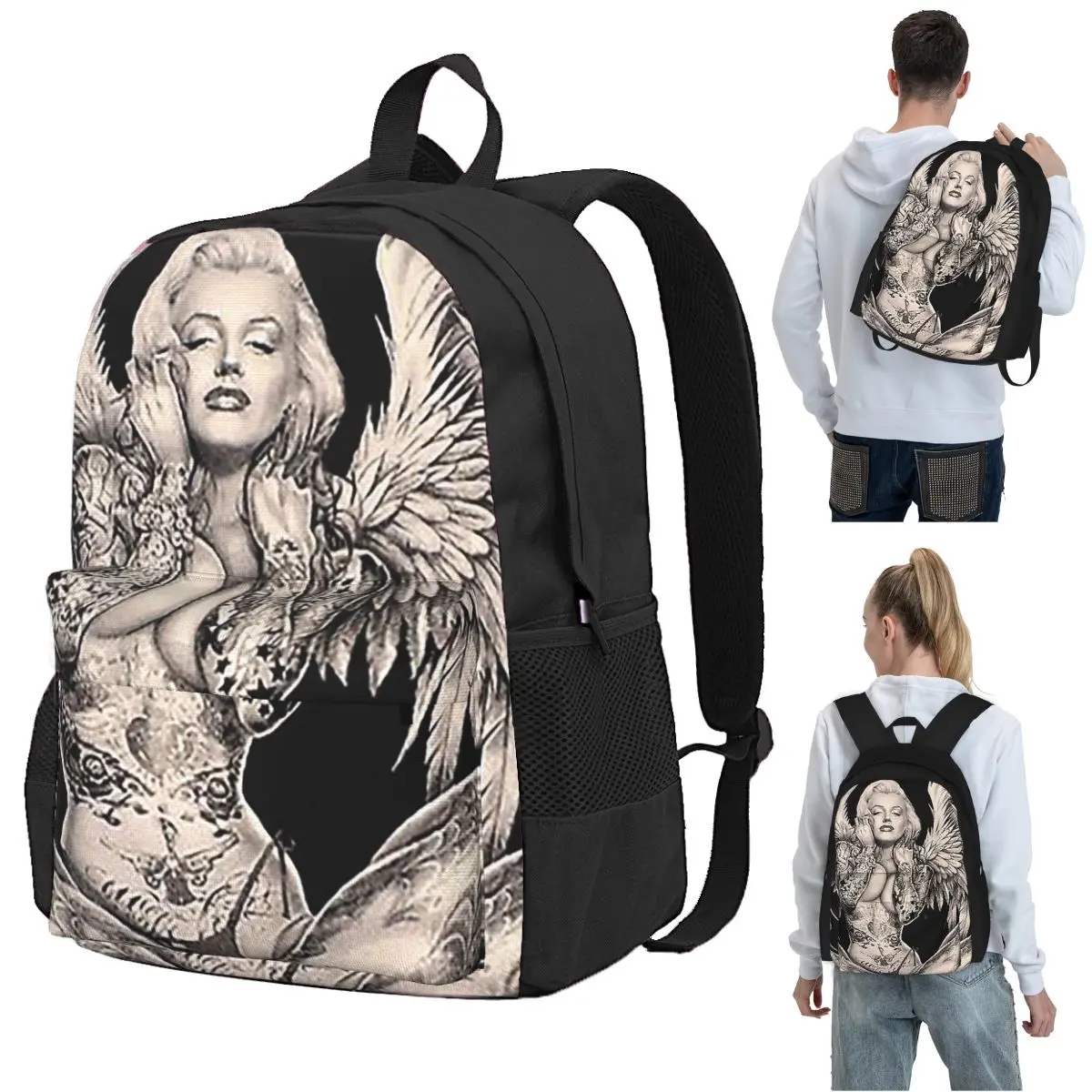 MARILYN Vintage Abstract Tattooed Angel Prin Backpack Student BookBag Children School Bag Computer Shoulder Bags for Boys Girls