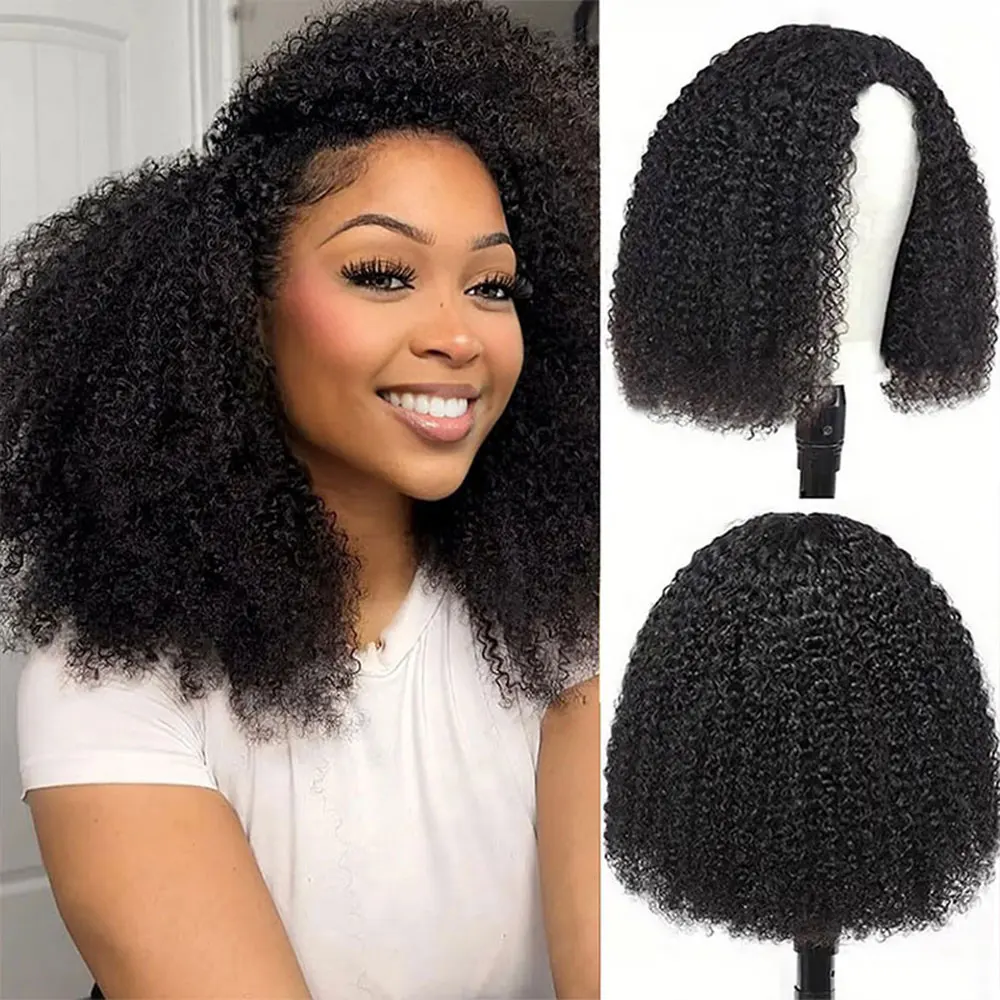 제리 컬리 하프 가발 인모 심리스 킹키 컬리 3 in 1 하프 가발 글루리스 헤어밴드 클립인 가발 노쏘잉 블랙 컬러