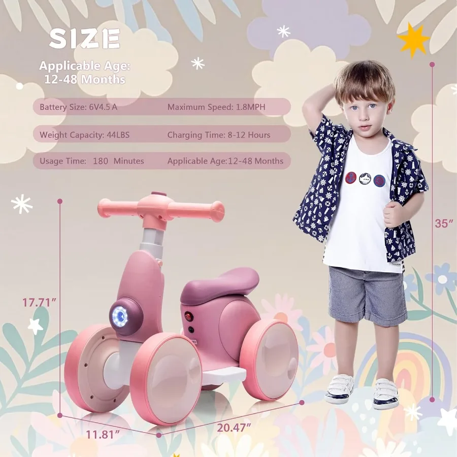 6V Electric Baby Balance Bike for 1 Year Old Boys Girls Ride on Toys 12-48 Months Toddler Balance Bike 4 Wheels First Bike with