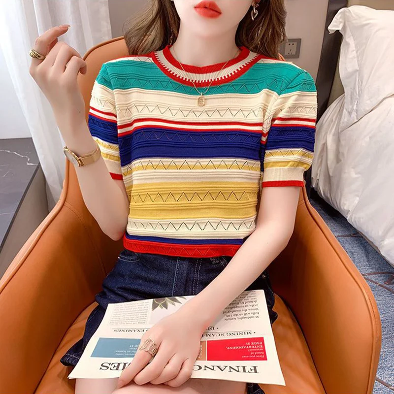 Summer Thin Striped Knit Color Pullover Sweater Women Casual Fashion Loose Tees T-shirt Short Sleeve O-neck Ladies Knitwear Tops