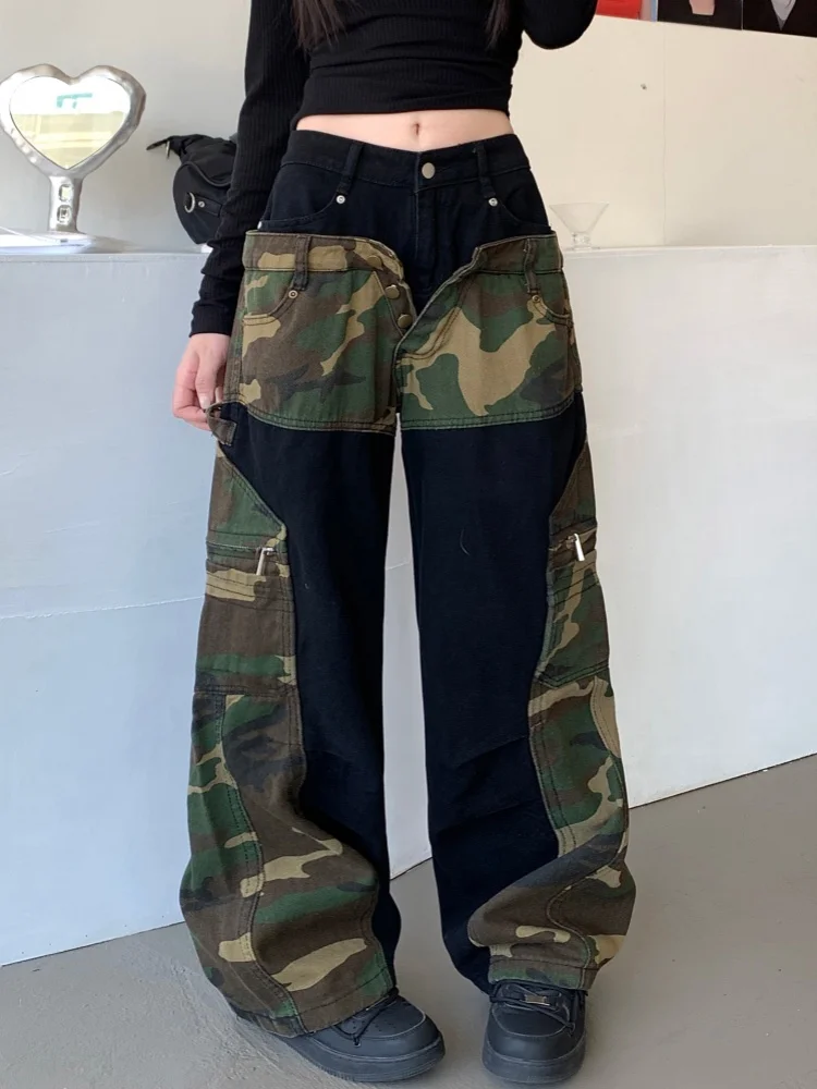 2024 Cyber Y2K Streetwear Camouflage Patchwork Tierred Baggy Stacked Cargo Jeans Pants For Women Designer Clothes Lady Trousers