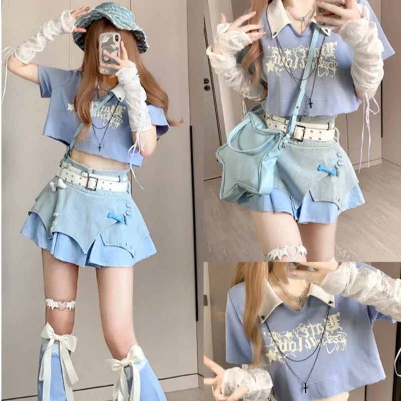 

Harajuku Y2k Lolita Style 2 Piece Set Women Contrast Color Grunge Crop Top Irregular Denim Skirts Suits Japanese Gothic Outfits