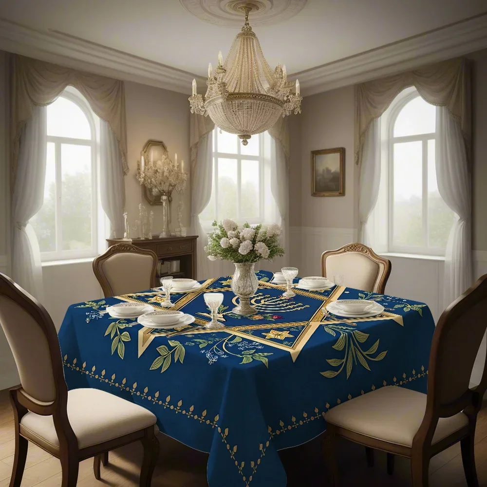 JIT1PC features a blue background hexagonal star and candle holder pattern printed on a square tablecloth.xzj