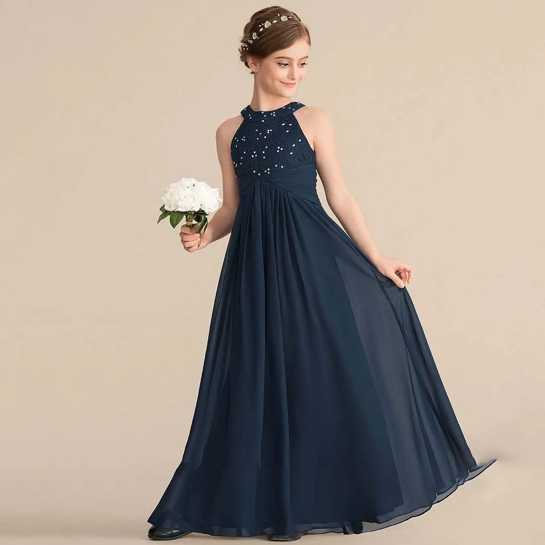 YZYmanualroom Chiffon Lace Junior Bridesmaid Dress With Beading A-line Halter Floor-Length 2-15T