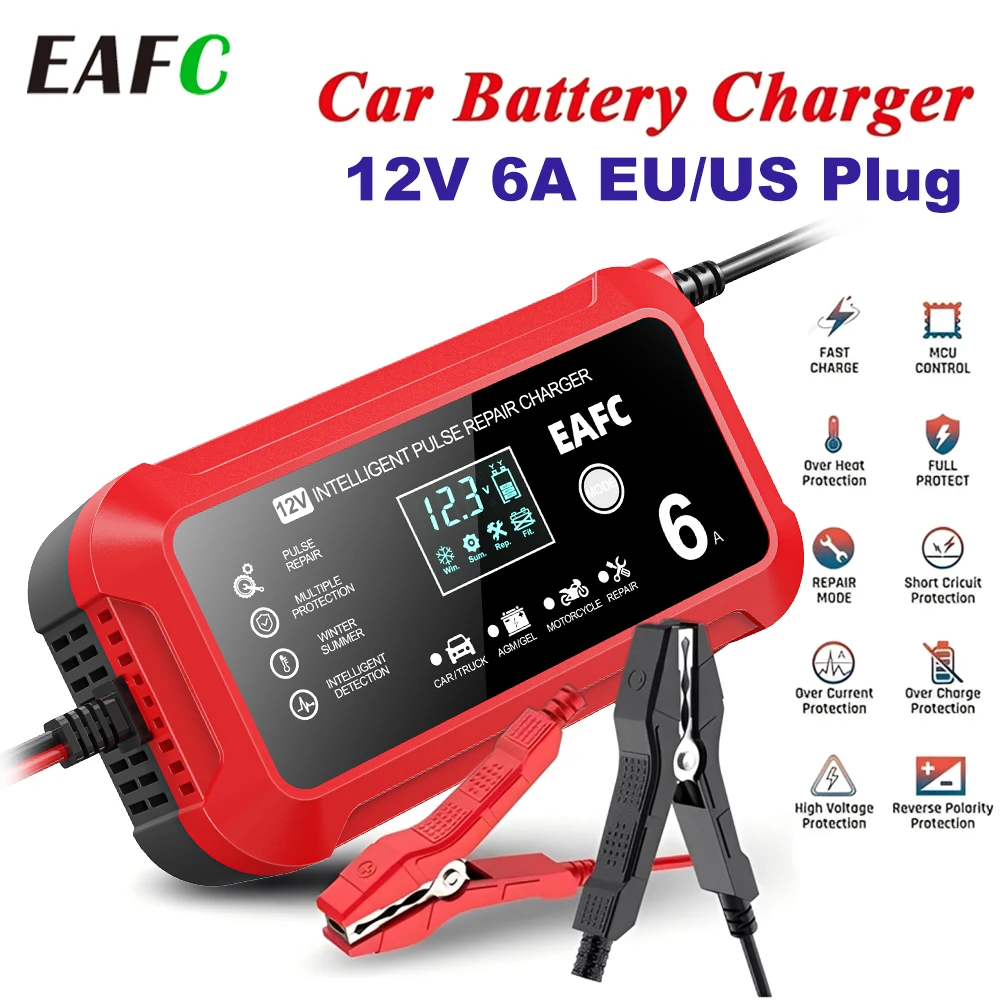 

EAFC Car Battery Charger 12V 6A Touch Screen Pulse Repair LCD Fast Power Charging Wet Dry Lead Acid Digital LCD Display