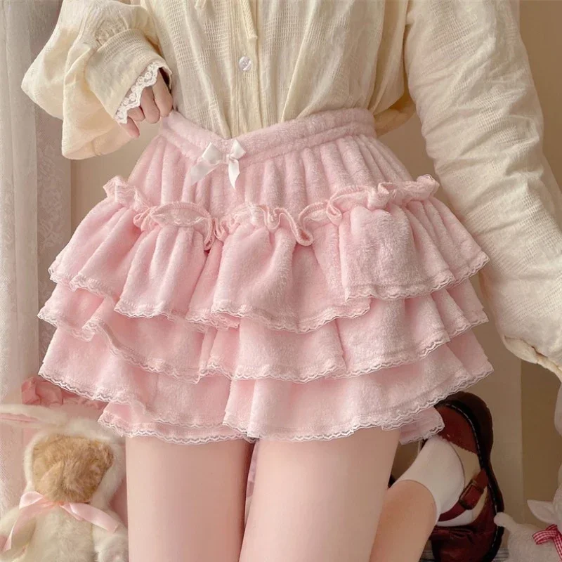 Harajuku Sweet Lolita Short Skirts Autumn Winter Plush Bloomers Y2k Japanese Kawaii Knickers Women Lace Bow Safety Short Pant