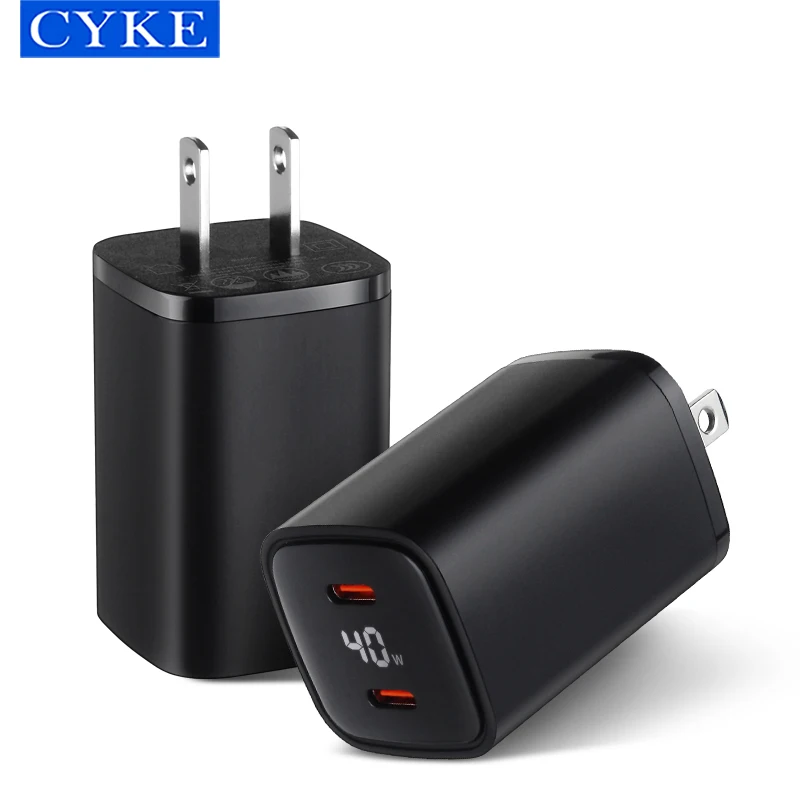 CYKE Mini Qc 3.0 40w Mobile Phone Wall Charger With Led Display double Usb Type C Pd 3.0 Fast Charge K02 For iPhone iPad/pro