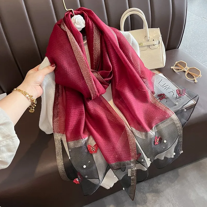 2024 Luxury Brand Women Fashion Scarf Plain Solid Silk Chaetodon auripes Shawls Scarves Summer Lady Bandanas Foulard Hijab