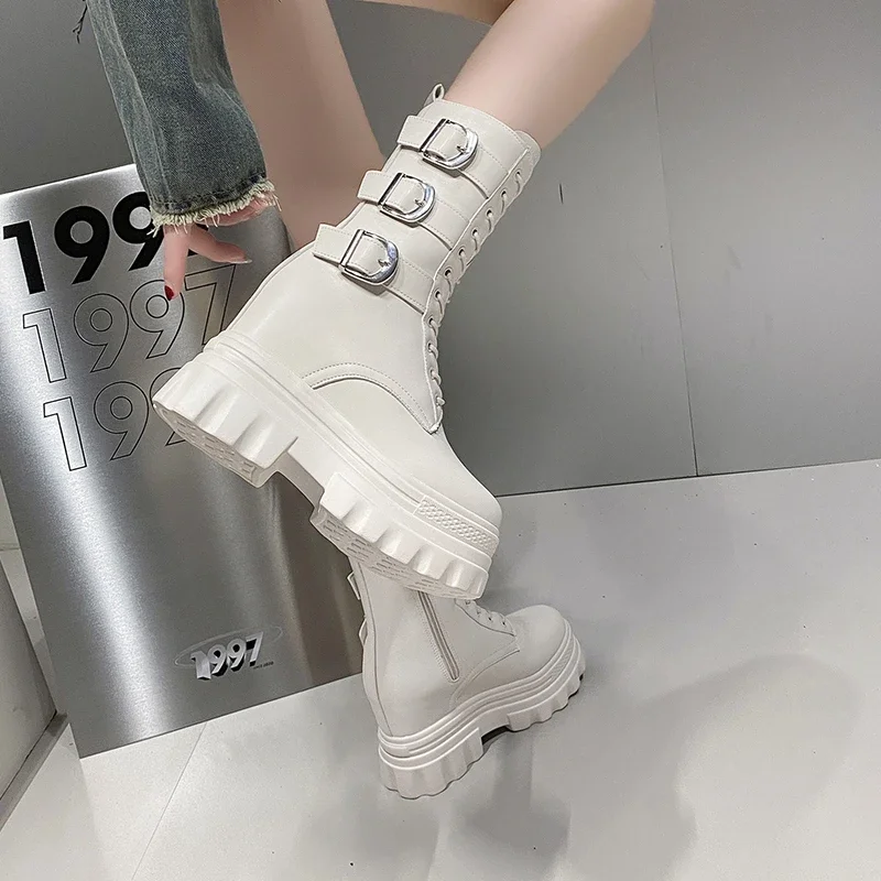 12CM Brand Ladies Goth Platform Ankle Boots Fashion Buckle Rivet Punk Wedges High Heels Womens Boots Party Street Woman Shoes