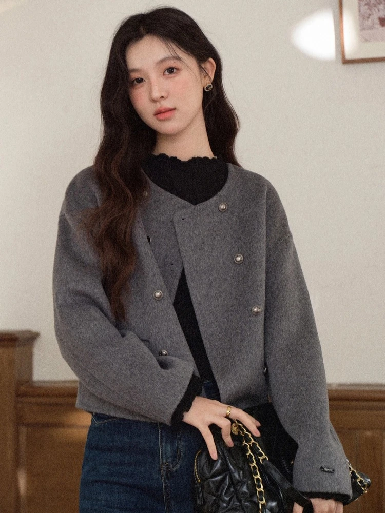 ALXNAN حجم كبير قميص أسود الياقة المدورة كشكش المرقعة المرأة بلوفر مغزول تنوعا عادية بأكمام طويلة D58150-1