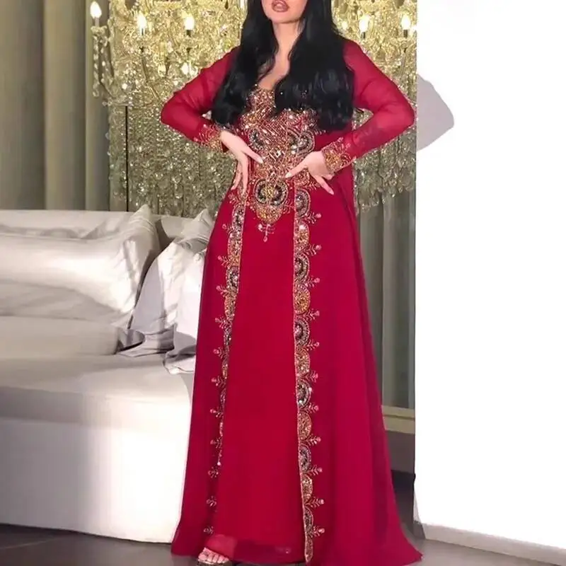 Robe de bal rouge style bohémien pour femmes, col en U, droite, élégante et magnifique, robes de soirée perlées avec Cardigan Long