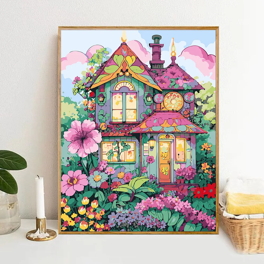 DIY Paint By Numbers  Colorful Flowers House Digital Oil Painting for Adult and Kids