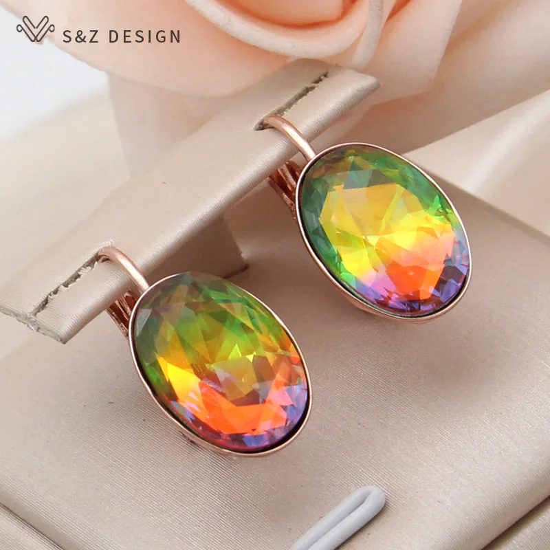 S&Z DESIGN New Fashion Oval Egg Shape Imitation Tourmaline Dangle Earrings For Women Wedding 585 Rose Gold Color Eardrop Jewelry