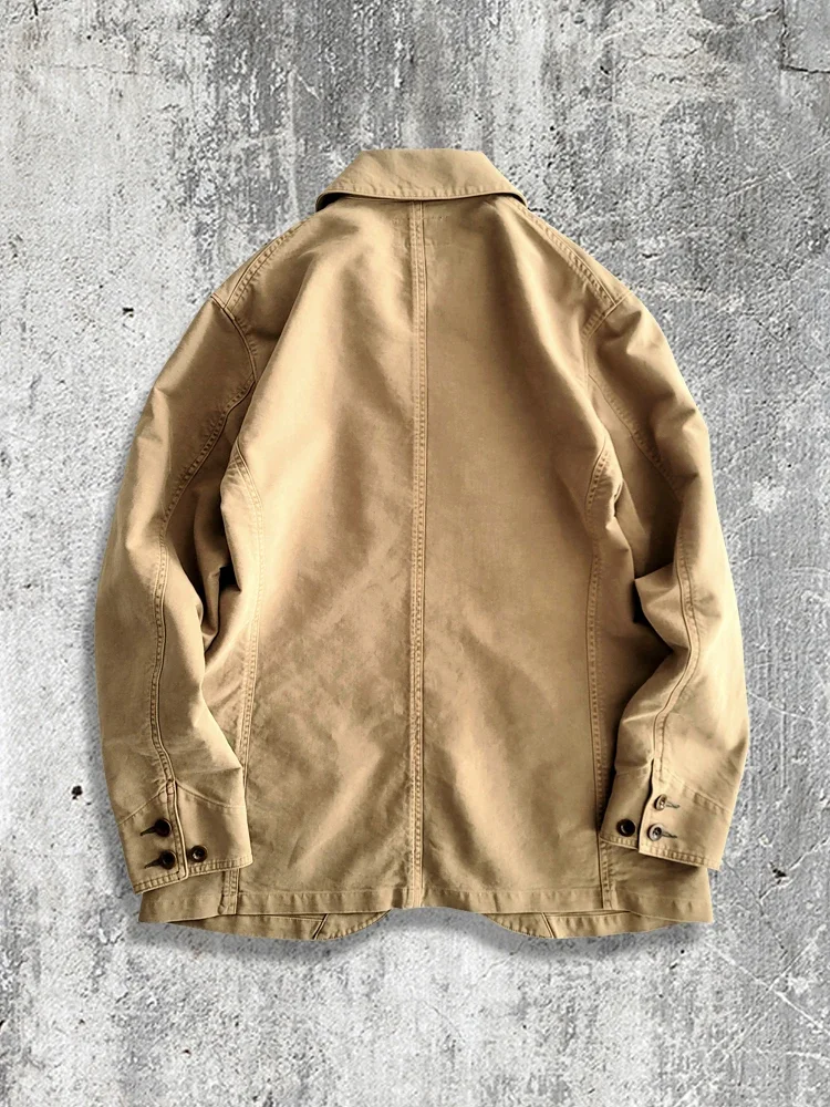 Amekaji pakaian pria katun pakaian kerja Khaki, mantel kerah lipat kasual Retro
