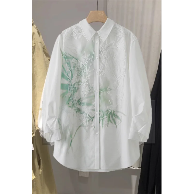 

New Women's 2025 Spring and Autumn Spliced POLO Collar Button Fashion National Shirt Design Lace Long Sleeve Top