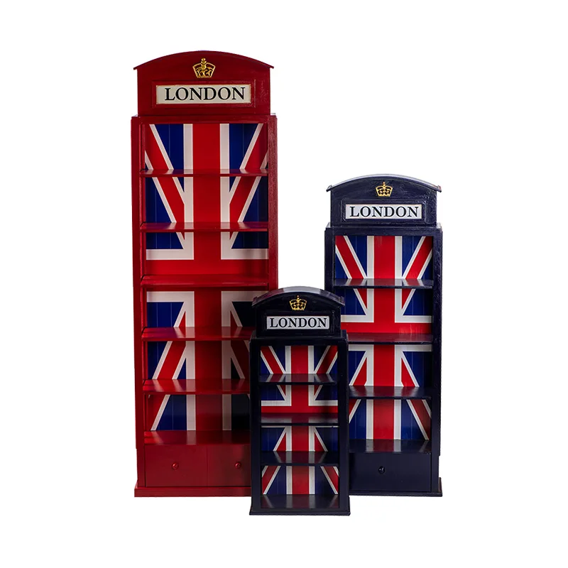 Wooden 5 Layer Handmade Eco-friendly Durable Storage Shelf Antique British Phone Booth Wooden Locker with Light Emitting Diode
