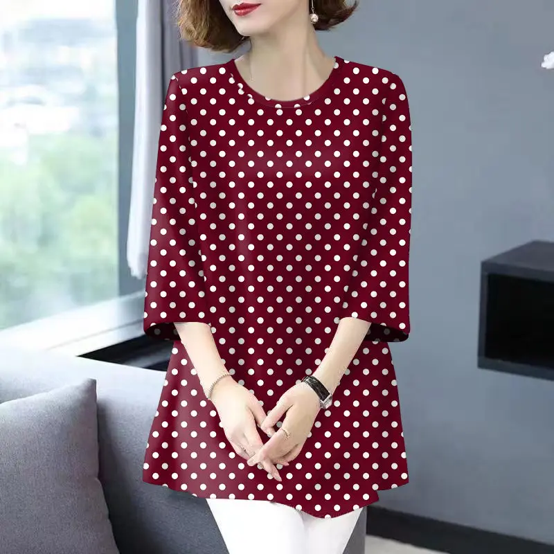 Women\'s Clothing Korean Fashion Polka Dots Print 3/4 Sleeve Ice Silk T-shirts 2024 Summer Ladies Elegant O Neck Loose Tunic Tops