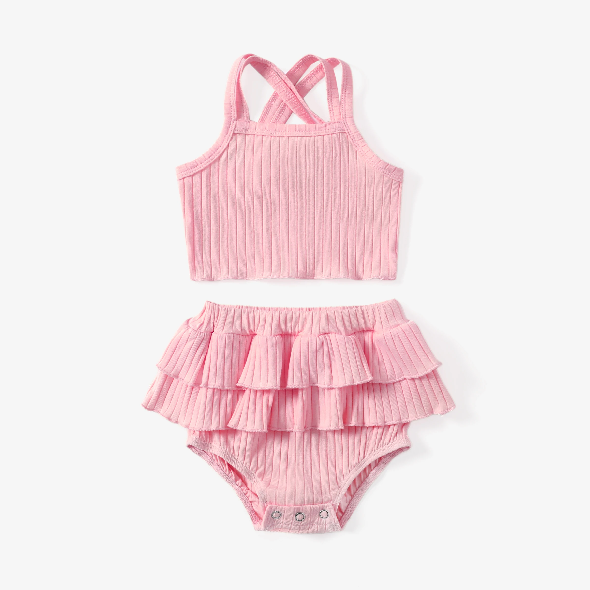 

PatPat Baby Girl 2pcs Double Cross Sling Crop Camisole and Ruffled Shorts Set