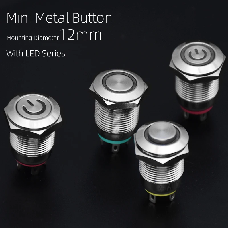 12mm Waterproof Metal Push Button Switch LED Light Momentary Locking Car Engine PC Power Switch 3V 5V 12V 24V 220V Ring Symbol