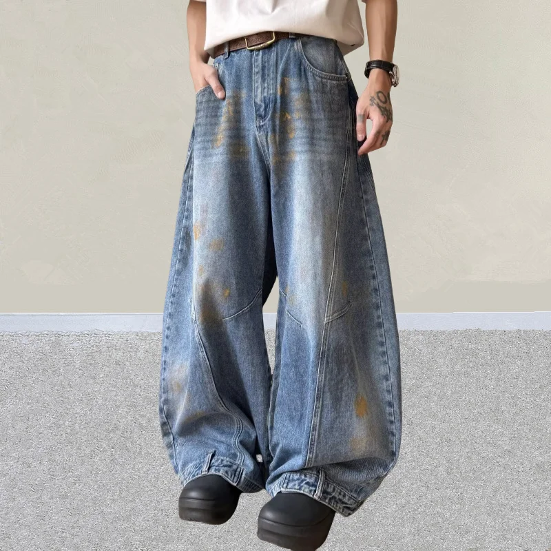 2025 Japanese Y2K Fashion Painted Washed Blue Baggy Jeans Pants For Men Clothing Vintage Wide Leg Denim Trousers Pantalon Homme