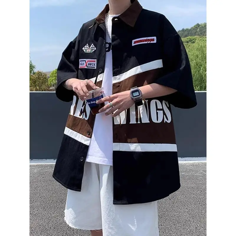 

Свободная рубашка-комбинезон в гоночном стиле, винтажная, в гонконгском стиле, для мужчин и женщин, весна-лето, с коротким рукавом, рабочая одежда, повседневная верхняя одежда