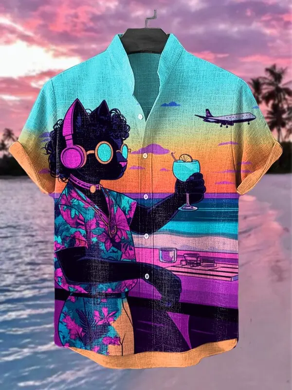 

Men's Beach Sunset Scenery Cat Print Shirts 3D Anime Hawaiian Shirts Casual Vacation Tops Summer Women Short Sleeve Lapel Blouse