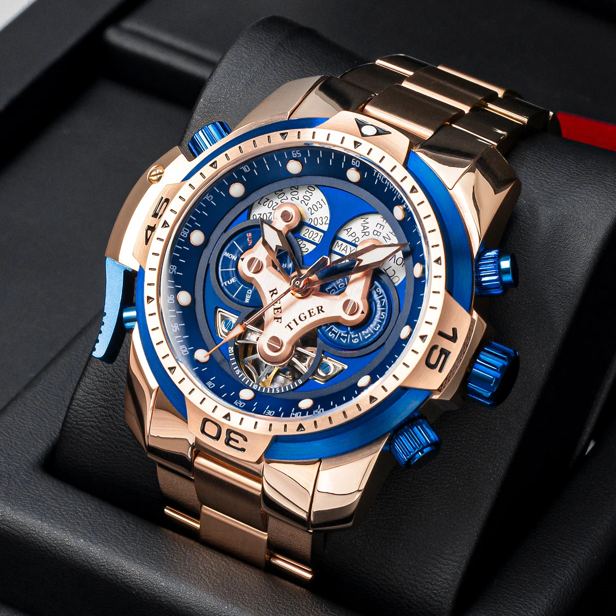 Reef Tiger/RT Designer Stainless Steel Completed Calendar Automatic Watch Men Date Rose Gold Bracelet Mechanical Watches RGA3503