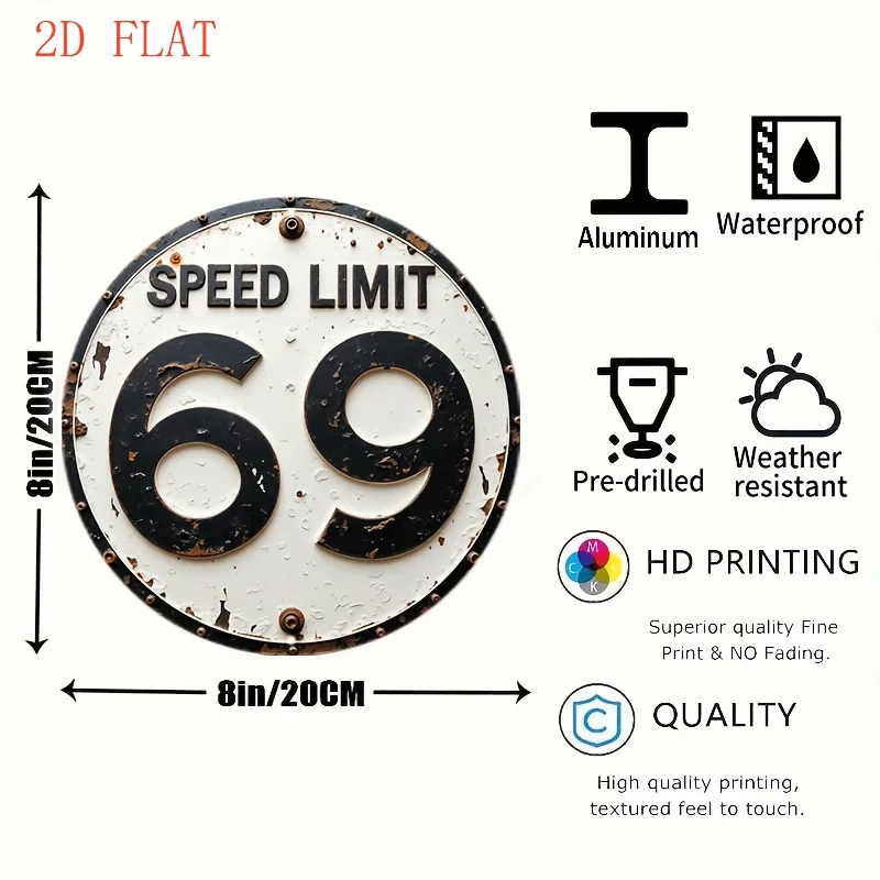 2D Flat - [Open ]2D Flat Vintage Speed Limit 69 Sign - Heavy Metal Structure, Rustic Cottage Decor with Distressed Beige And Bla