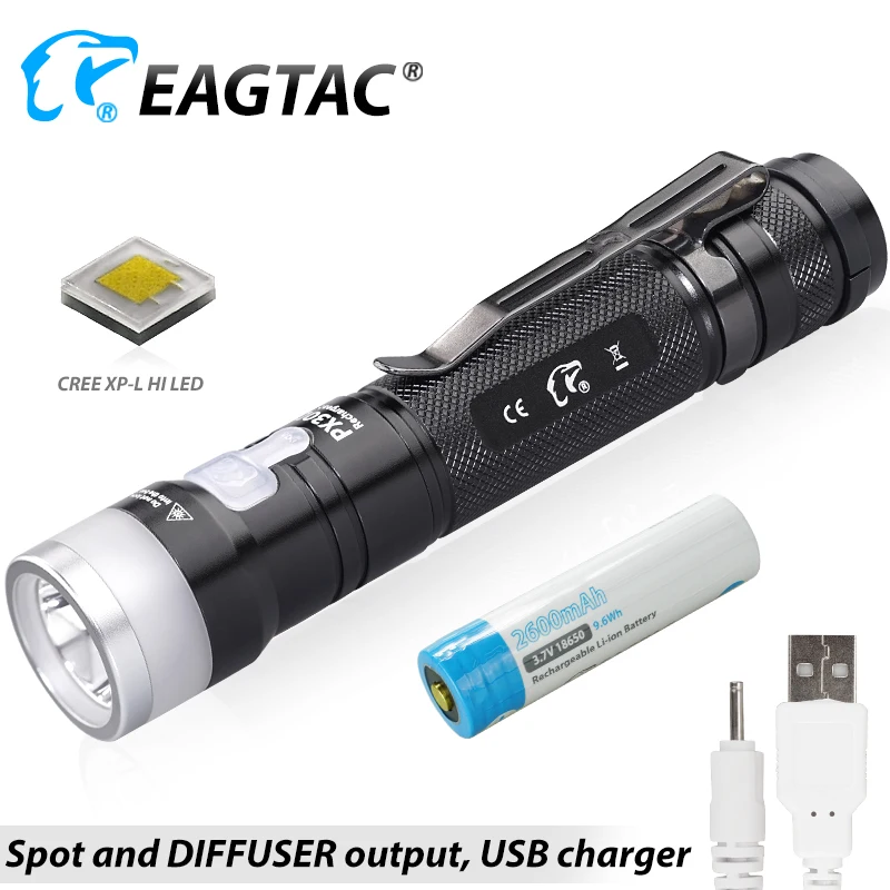 

EAGTAC PX30LC2-DR Diffuser XPL HI LED 1760 Lm USB Rechargeable Flashlight Nichia 219C 18650 Included CR123A Camping Reading