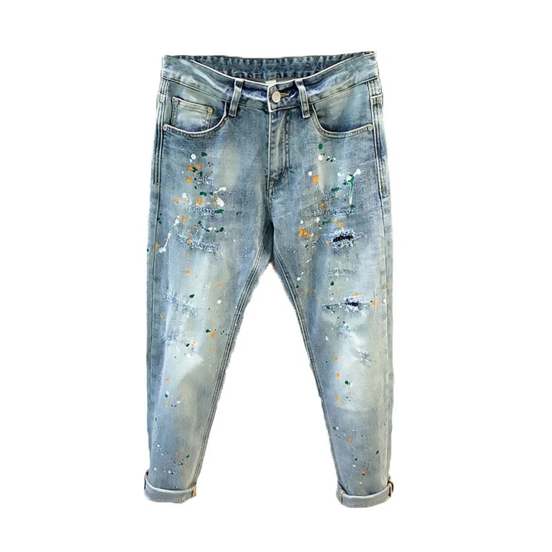 Pantalones vaqueros con pintura en aerosol para hombre, Jeans elásticos ajustados a la moda, estilo Hip-hop, para motocicleta