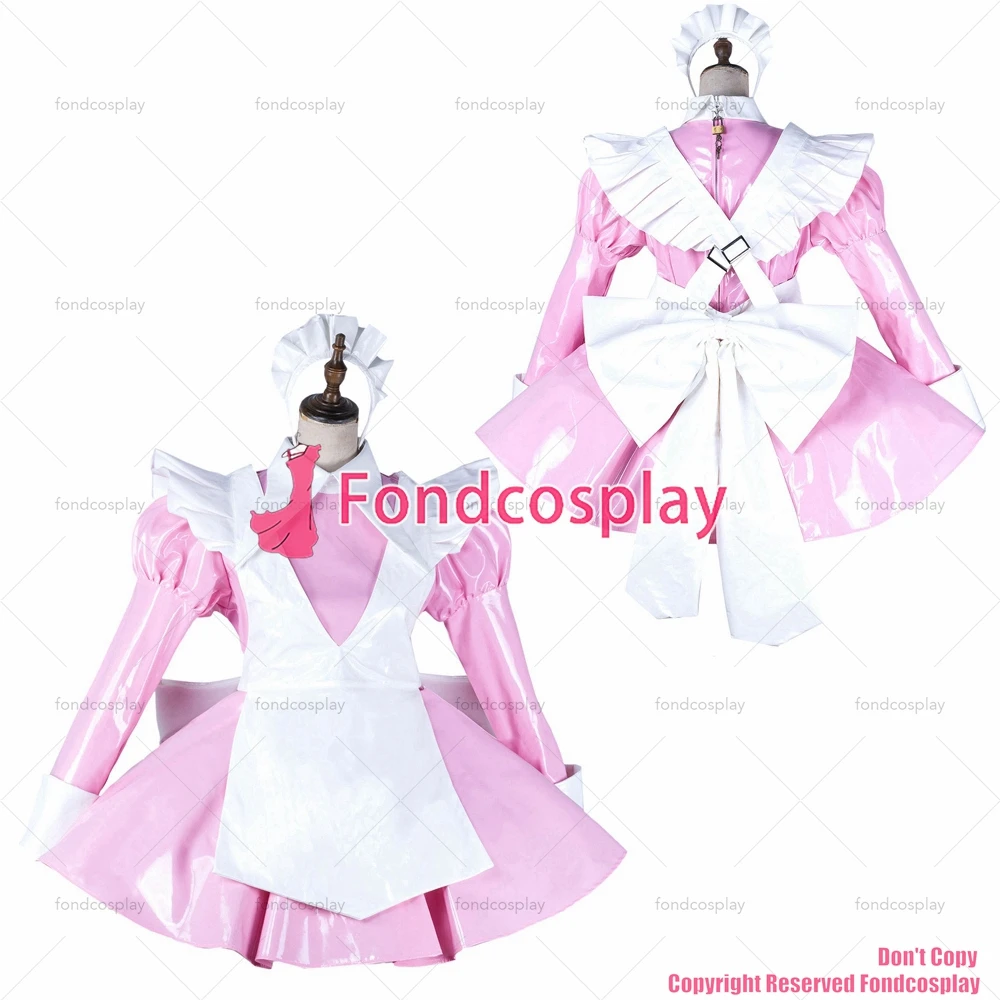 

fondcosplay adult sexy cross dressing sissy maid baby pink heavy pvc dress lockable Uniform white apron CD/TV[G2141]