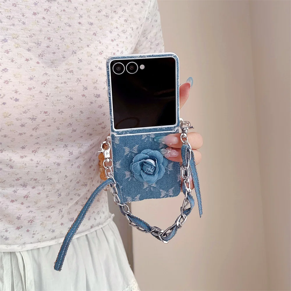 Denim Flower Metal Chain Hand Strap Phone Case For Samsung Galaxy Z Flip 8 7 6 5 Shockproof Hard Protective Cover Women Girls
