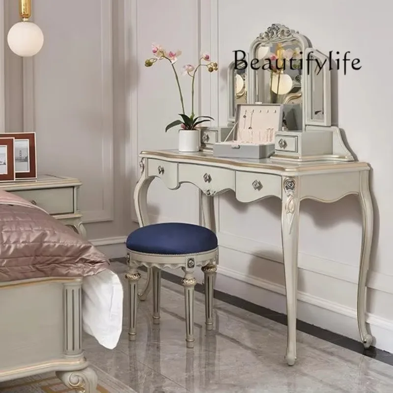 BJ BJ French Light Luxury Solid Wood Carved Dresser Dressing Chair Bedroom European Simple Makeup Table Storage