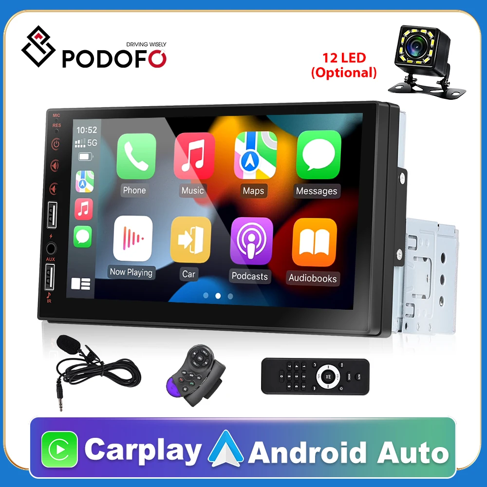 

Podofo 7" Carplay Car Radio Auto 1 Din Multimedia Player Audio Stereo Bluetooth FM AUX Support Rear View Camera