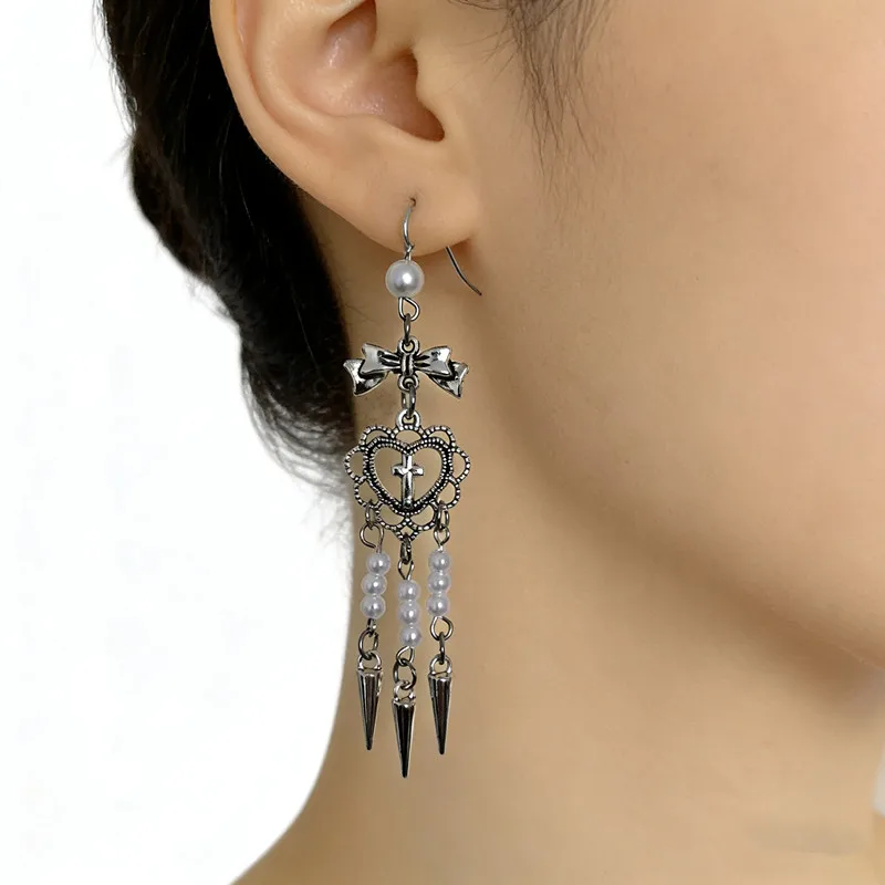 Vintage Niche Personality Punk Female Earrings with Tassel Beads, Hollowed-Out Heart-Shaped Cross Bow Earrings