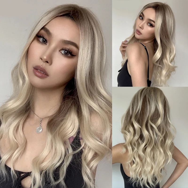 Natural Long Wavy Ombre Brown Blonde Lace Wig Colored Synthetic Hair Wig Hight Density for Women Daily Party Use Heat Resistant