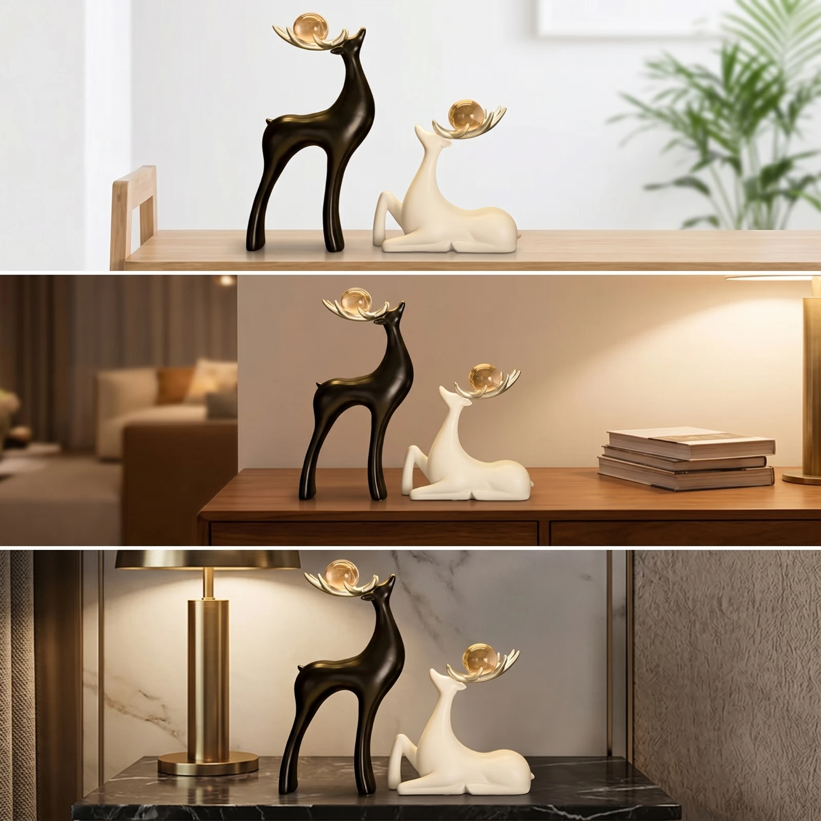 2 Pieces Deer Statues with Sphere Modern Deer Figurines Resting Stag Statue Decorative Sophisticated for Display Cabinet