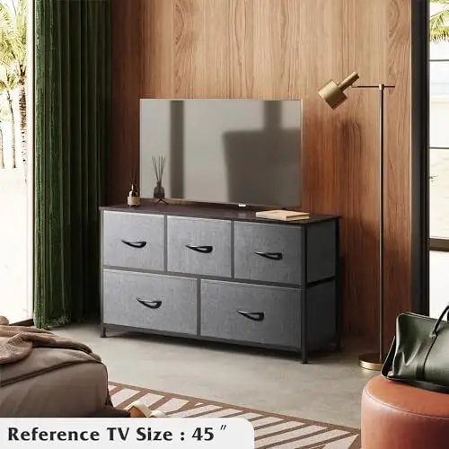 Dresser for Bedroom with 5 Drawers, Wide Chest of Drawers, Fabric Dresser, Storage Organizer Unit with Fabric Bins for Closet