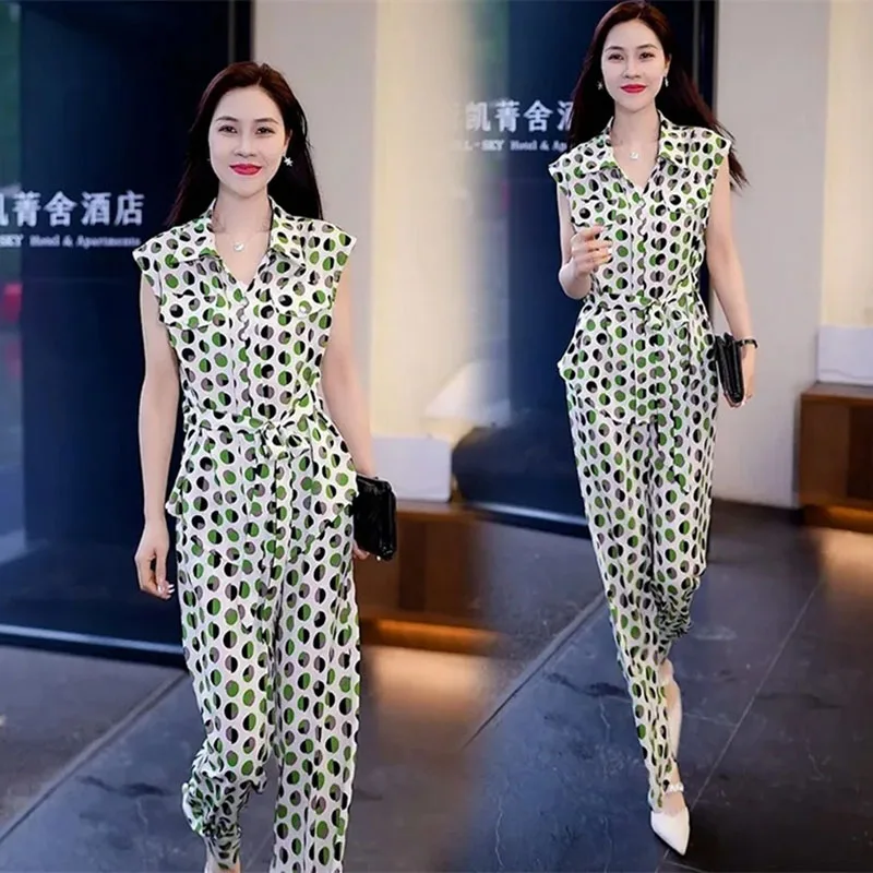 Korean Ladies Fashion Shirt Two-piece Set Summer Middle Aged Mother Chiffon Wide-leg Pantalons Spring Female Sleeveless Trousers