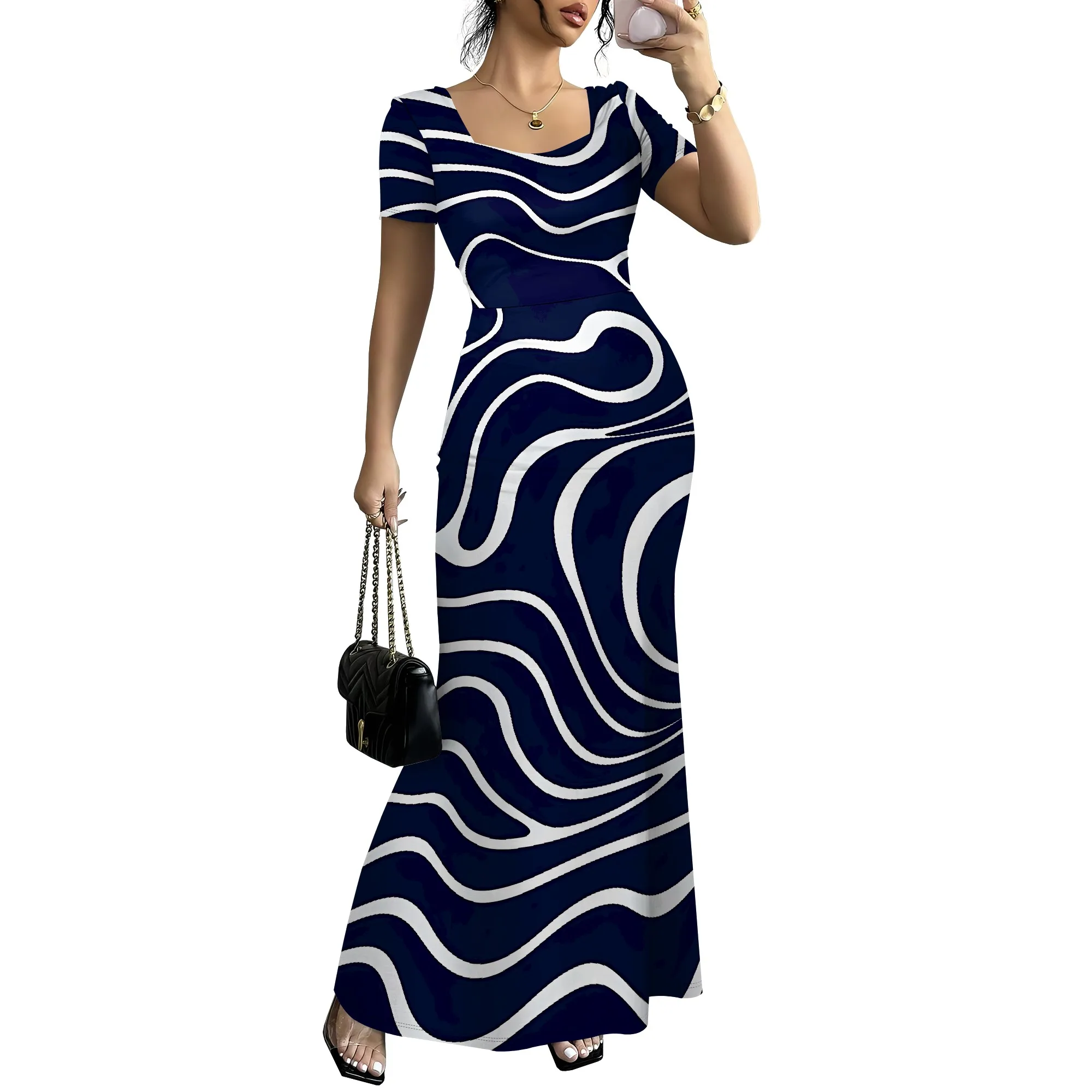 Nupusa Gold Brush Print Dress for Women Standard Size Summer Casual Square Neck Short Sleeve Maxi Dress