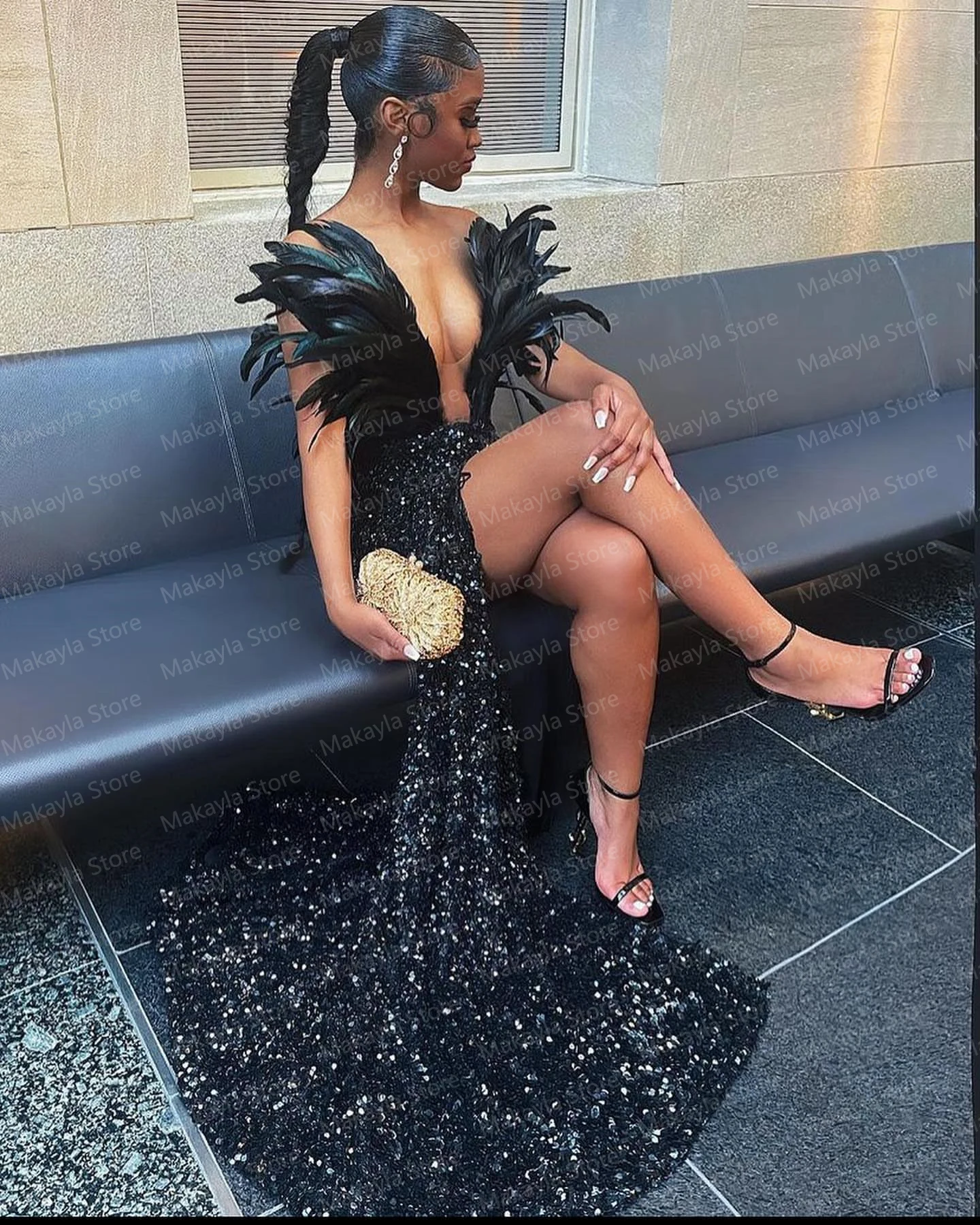 Luxury Sexy Glitter Mermaid Prom Dresses Feathers Sequins Sparkly High Split Black Girl Long Evening Party Gowns Custom Made