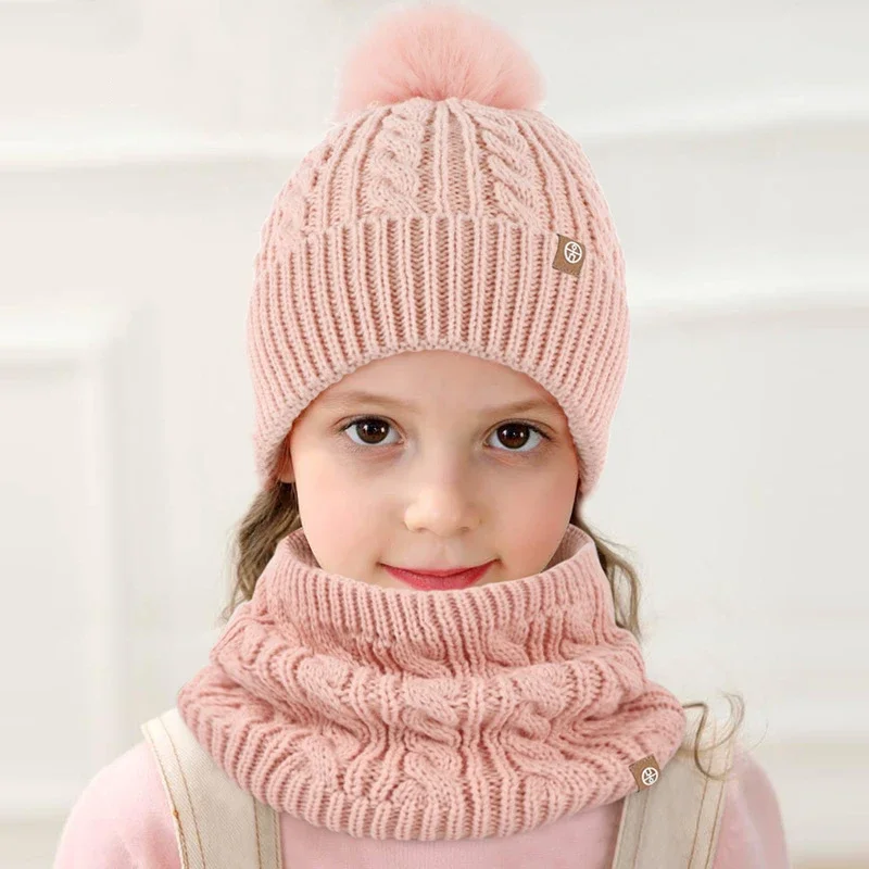 Warmte Muts Handschoenen Sjaal Set Voor Kinderen 5-12 Jaar Oud 3 In 1 Winter Gebreide Muts Sjaal Handschoenen Combo Fleece Voering Pom-Poms Beanie