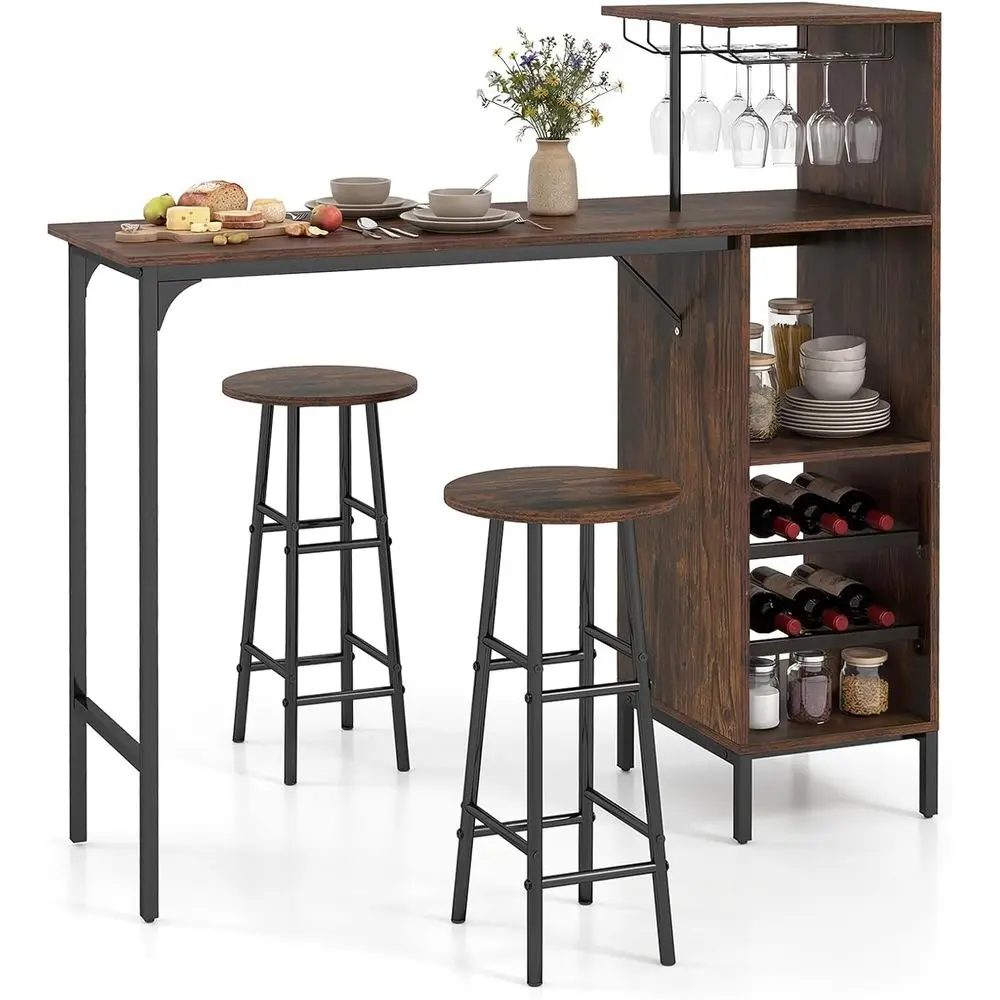 

Industrial Style 3-Piece Bar Table and Chairs with Wine Glass Holders and 6-Bottle Rack, Counter Height Set for Kitchen or Livin