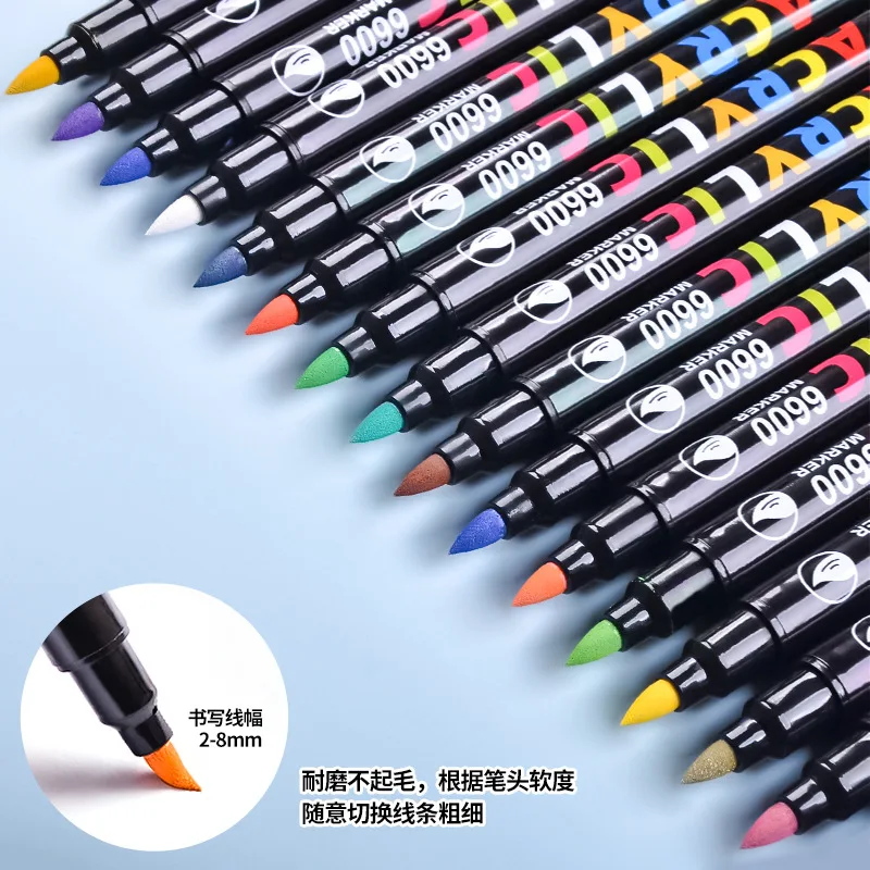 Double Nib Bicolor Acrylic Marker Pen Upper Graffiti Waterproof Permanent Dual Soft Brush Drawing on Rock Wood Book Kid Gift