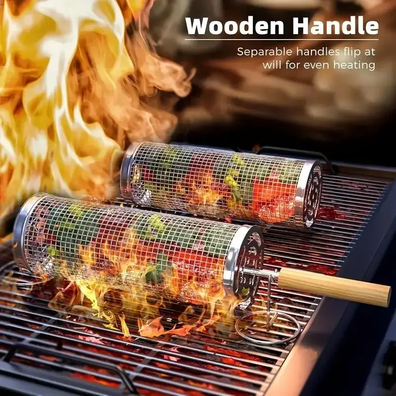 Panier de barbecue en acier inoxydable, cage cylindrique roulante, grille rotative en treillis métallique pour viande, légumes, poisson, camping en plein air, pique-nique
